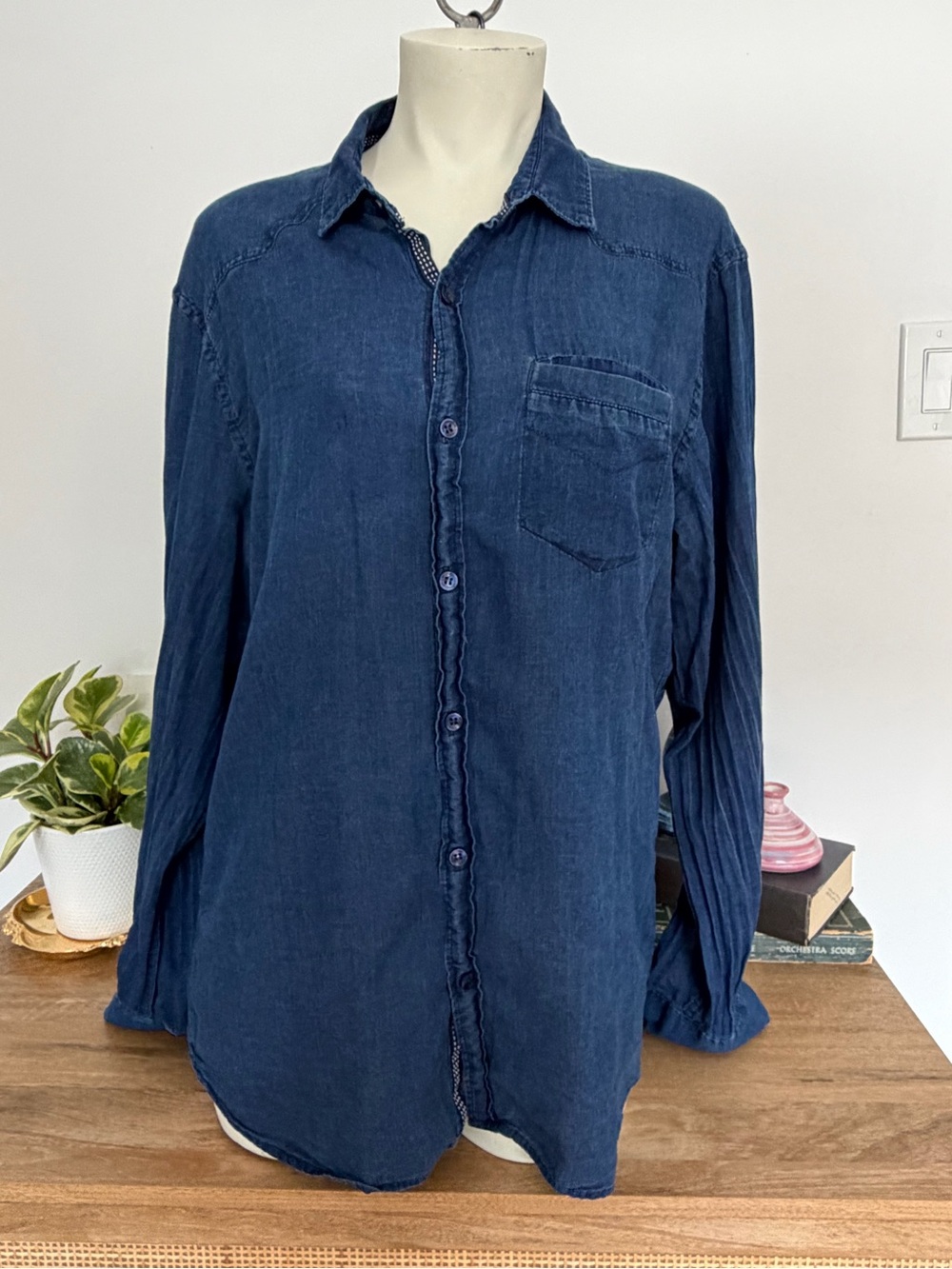Yellow Denim Chambray Button Down Shirt XL Boho Trim Cotton